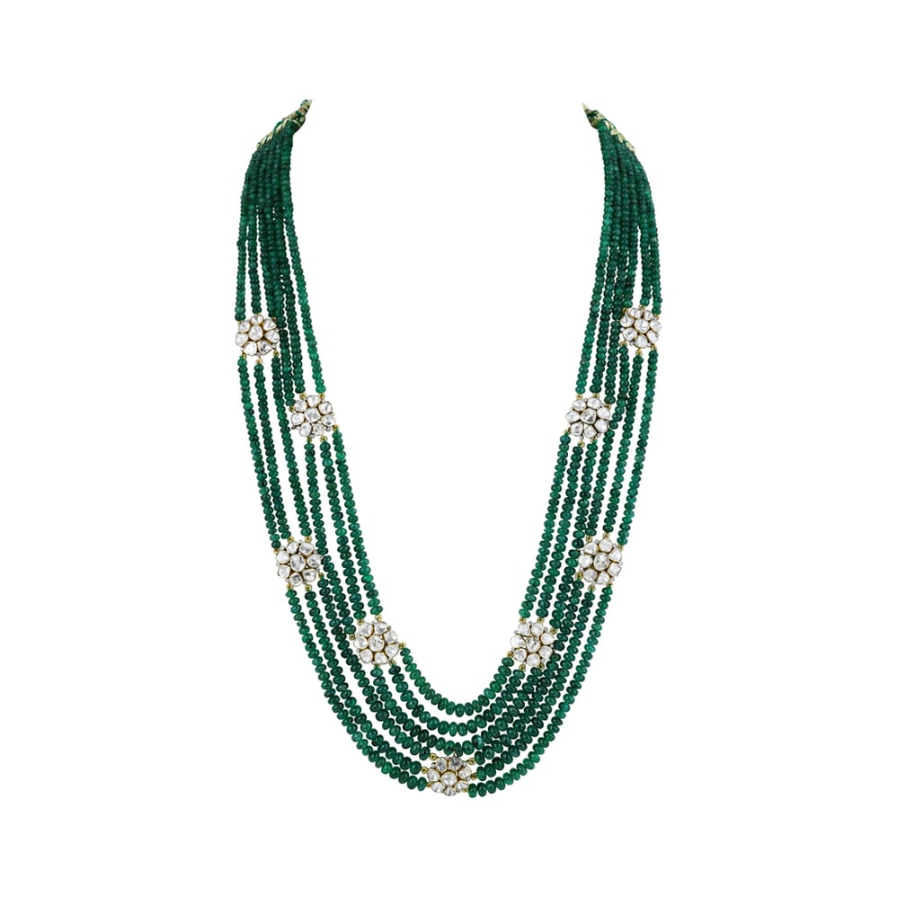 Layered Emerald Bead Necklace with Polki Floral Clusters